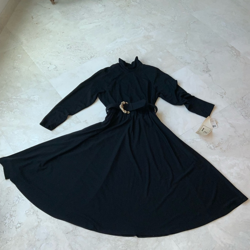 Vtg Fit & Flare Black Long Sleeve Mock Neck Midi Dress w/Belt sz14 NWT